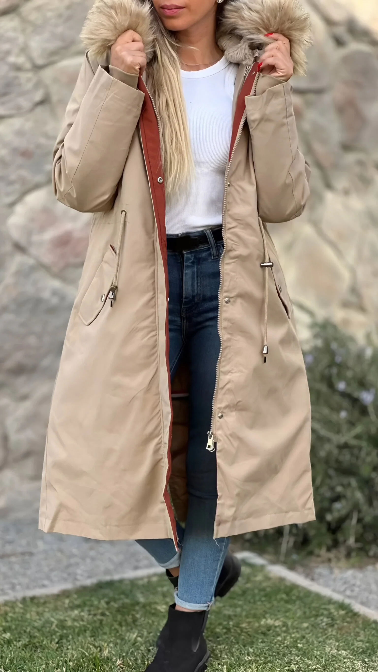 Women's Hooded Long Sleeve Fur Hat Casual Cotton Coat